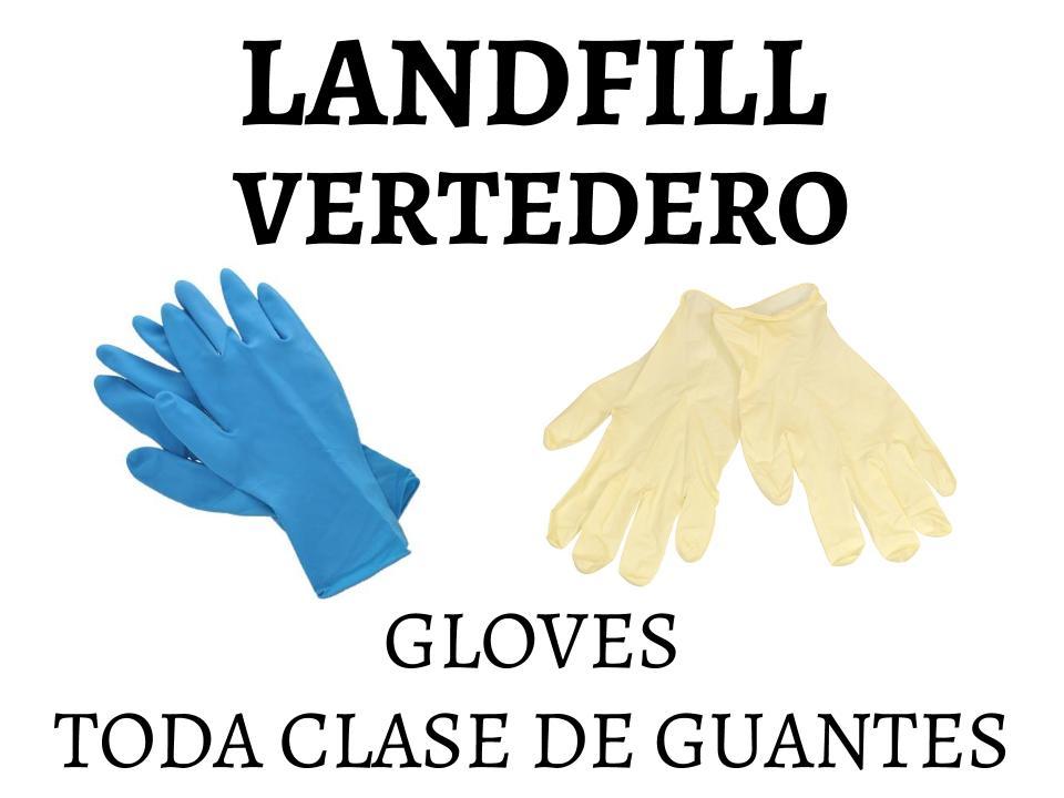 Image showing blue and yellow gloves with text LANDFILL VERTEDERO GLOVES TODA CLASE DE GUANTES.