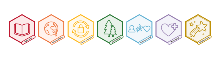Row of decorative sustainability playbook badges