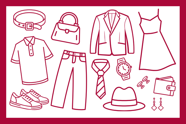 Illustration of various clothing and accessories in red outlines on white. Includes a belt, handbag, blazer, dress, polo shirt, pants, sneakers, tie, watch, hat, cufflinks, wallet, and earrings. Casual and formal attire mix. 