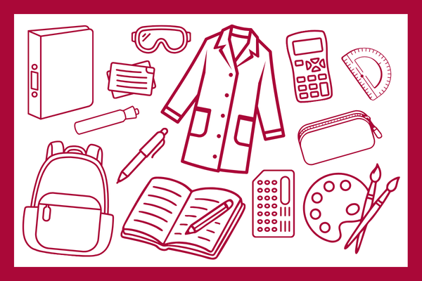 Red line art of school supplies: lab coat, backpack, calculator, notebook, pen, paint palette, protractor, goggles, and pencil case on white background. 