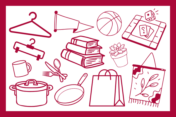 A collection of illustrated small household and leisure items in red, including hangers, books, cookware, a shopping bag, a ball, and a board game. 