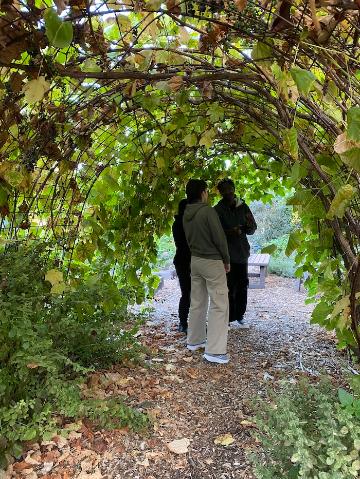 3 students standing under the forges Grapevine Archway