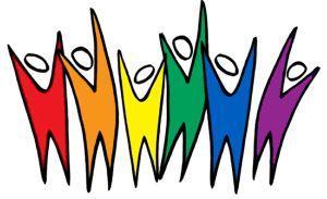 Colorful abstract figures with hands up in red, orange, yellow, green, blue, and purple.