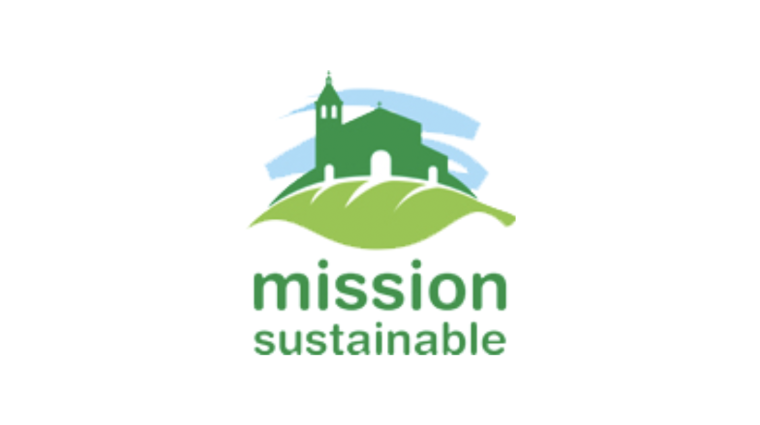 A green silhouette of Santa Claras mission church on a light green leaf with the words mission sustainable written below