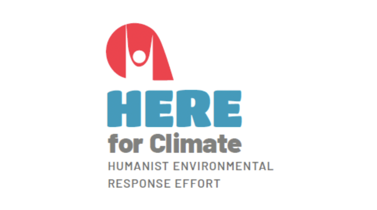 An icon of a person with raised arms inside a red location pin, with the words HERE for Climate, Humanist Environmental Response Effort written below