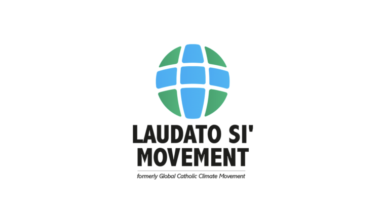 Blue rectangles forming a plus sign within a green circle and the words LAUDATO SI MOVEMENT written underneath