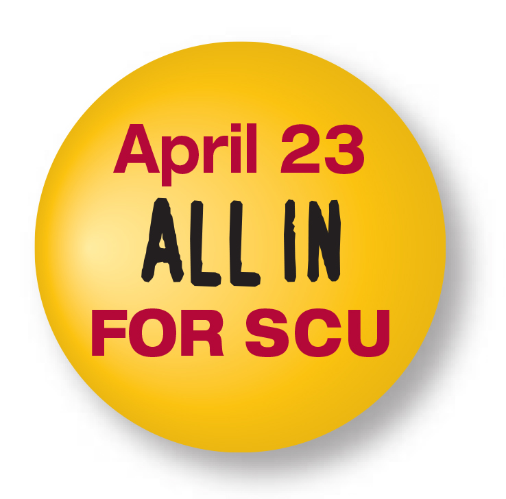 Yellow circle with text: April 23, ALL IN FOR SCU. image link to story