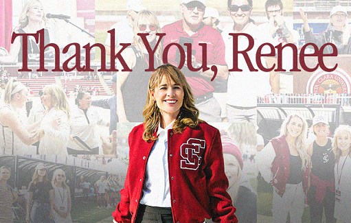 A woman in red lettermans jacket with the words Thank You, Renee image link to story