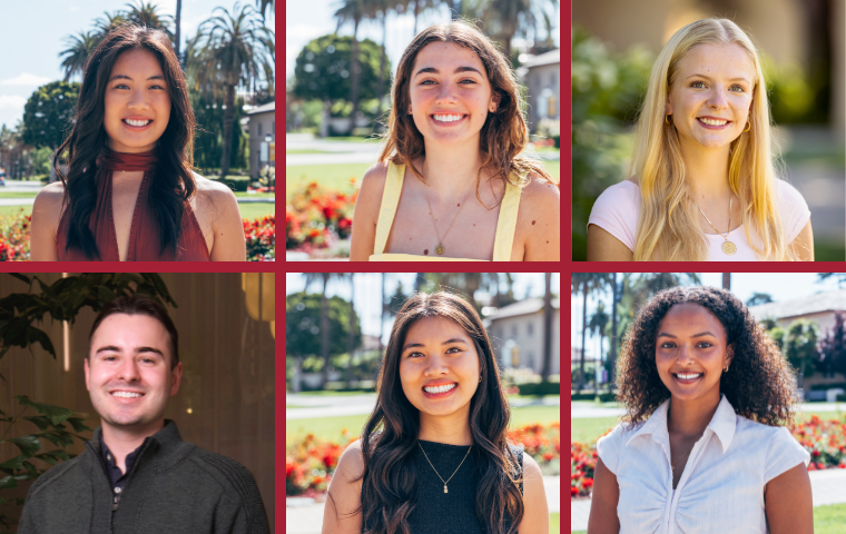 A collage of 6 headshots featuring the 2026 Santa Clara Fulbright recipients