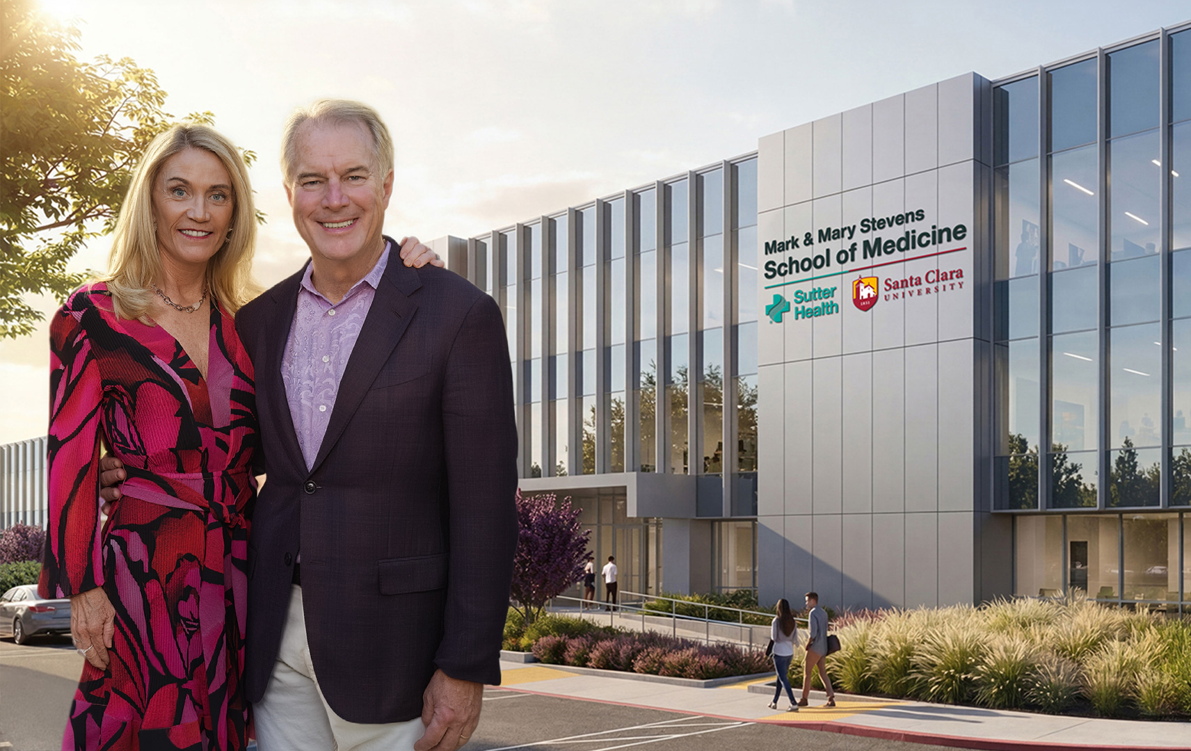 Mark and Mary Stevens in front of the School of Medicine building.