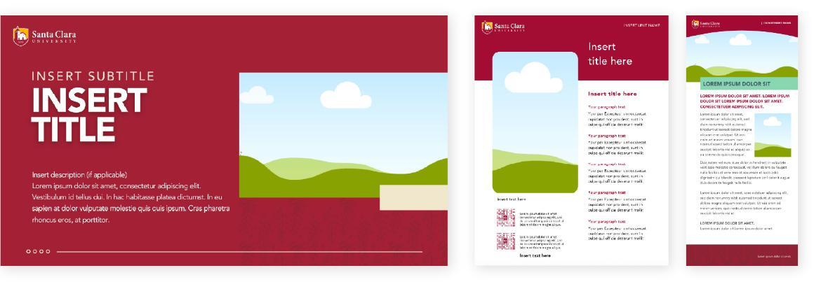 Three examples of Canva design templates that include (from left to right) presentation template, flyer template, and rack card template
