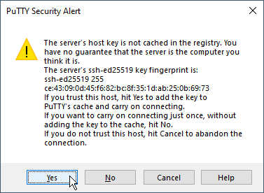 PuTTY Security Alert dialog box with a warning about the servers host key.