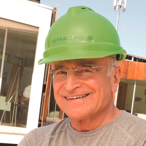 Jim Reites, S.J., on the construction site for SCUs 2009 entry in the Solar Decathlon.