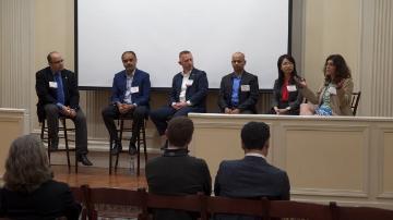 Panelists from left: Ahmed Amer, SCU Computer Science and Engineering; Imran Hajimusa, Exponent;  Jarrett Kolthopff, SpearTip; Ranjeet Khanna, Wipro; Yuhong Liu SCU Computer Science and Engineering; Irina Raicu, SCU Markkula Center for Applied Ethics image link to story
