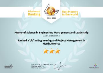 A diploma showing SCUs Engineering Management and Leaderships ranking as #37 by Eduniversal. image link to story