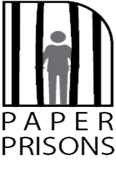 Figure behind bars with text Paper Prisons below.