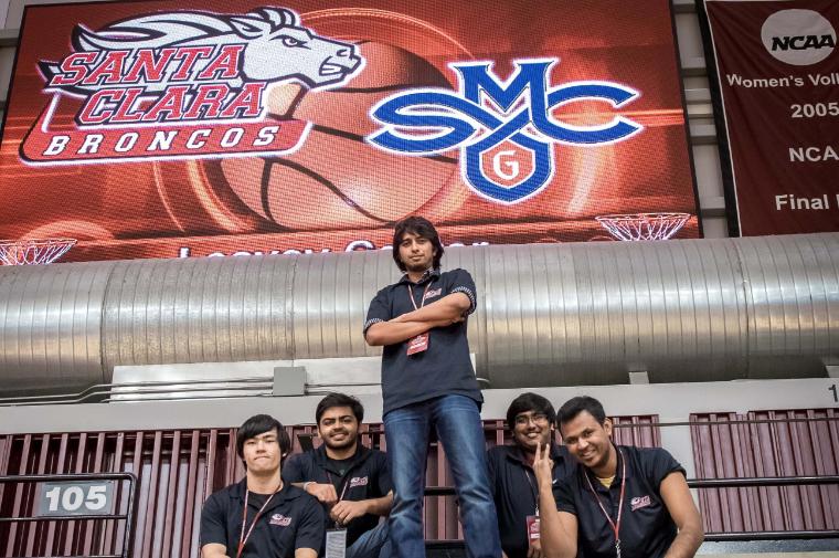 Ready for the big game against rival St. Marys College—which Santa Clara won 71-70; go Broncos! From left: Benjamin Mullen, Yash Tamakuwala, Vishak Aprameya Shivakumar Kanakapura, Vemuluru Venkata Sri Harsha, Riktwek Swetank.