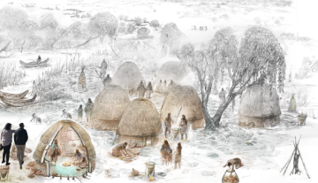 Two visitors exploring an artists rendering of a traditional Ohlone village in augmented reality. Illustration by Eric S. Carlson image link to story