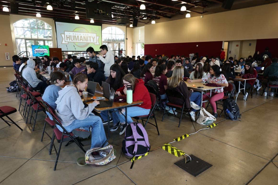 students sitting in rows of tables working on laptops.