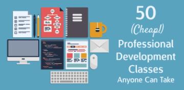 A flyer which has desktop, keyboard, flowchart and a text which says 50 cheap development classes anyone can take 