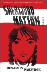 Sherwood Nation book cover showing a persons face in red, white text above.