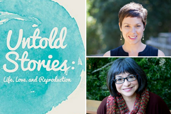 Split image with Untold Stories text on left and two womens portraits on the right.