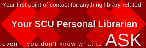 Your SCU Personal Librarian logo with Your individual contact for anything library-related.