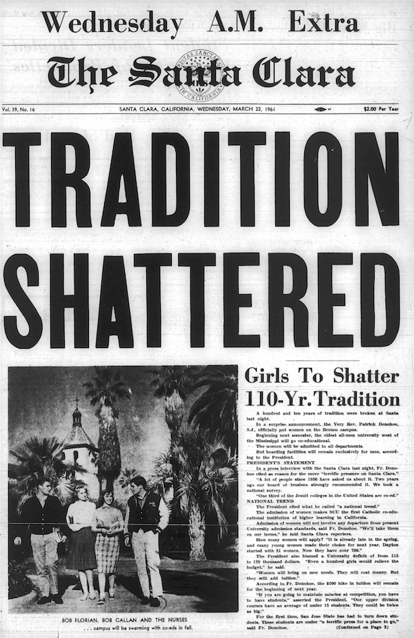 The Santa Claras front page announcing that the university would admit women for the first time