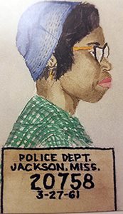 An illustration of Geraldine Holliss mugshot after her arrest for sitting in at a  white library