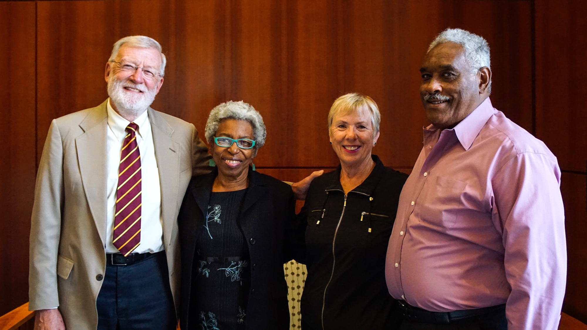 Wayne Wiegand, Geraldine Edwards Hollis, Shirley Wiegand, and Jack Hollis  reunite at the Librarys Fall Book of the Quarter event
